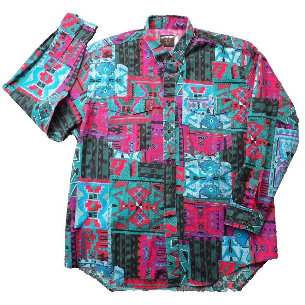 Vintage 80's Frontier Series Men's Western Shirt Aztec Multicolor XLarge ~ USA